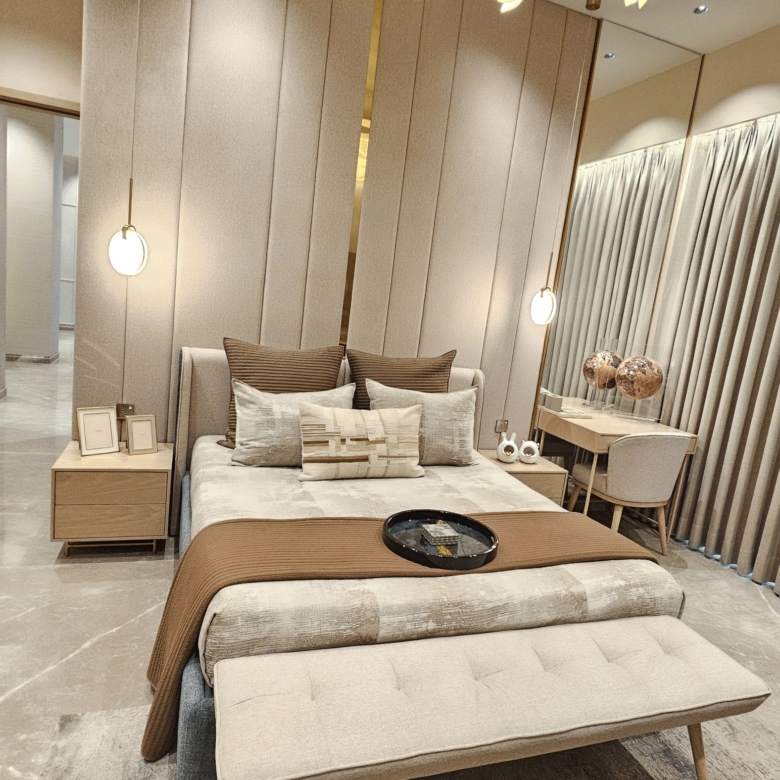 Elegant bedroom interiors designed for modern comfort and luxury living.