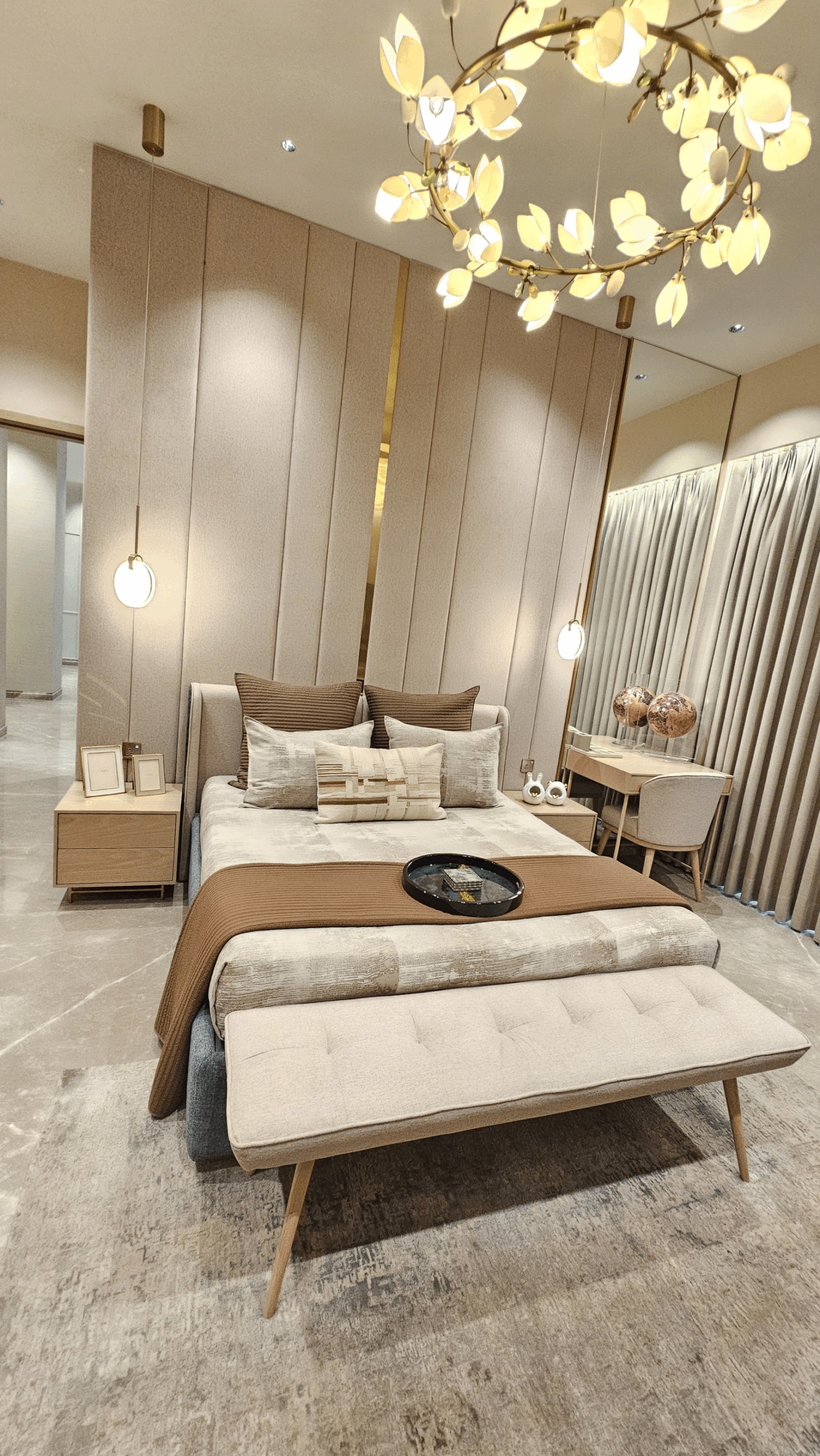 Elegant bedroom interiors designed for modern comfort and luxury living.